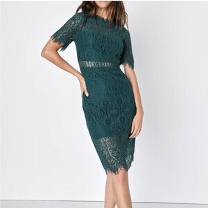 The Lulus Remarkable Forest Green Sheer Lace Short Sleeve Mini Dress